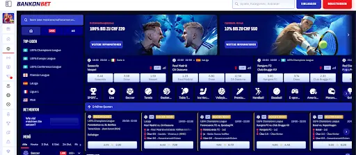 BankonBet Sportwetten Startseite mit Bonusangeboten bis zu CHF 550 und Live-Quoten für Fußballspiele