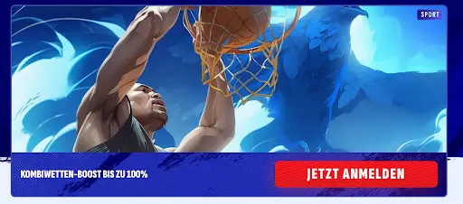 Basketballspieler beim Dunking in den Korb, im Hintergrund ein blauer Adler, Banner mit Text „Kombiwetten-Boost bis zu 100%“.