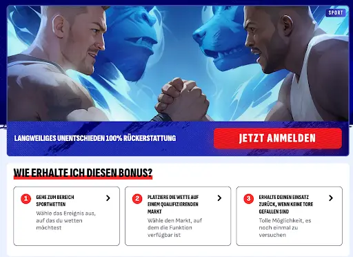 Zwei Sportler im Armdrücken mit intensivem Blickkontakt, im Hintergrund blaue Tierfiguren, Banner mit Text „Langweiliges Unentschieden 100% Rückerstattung“.