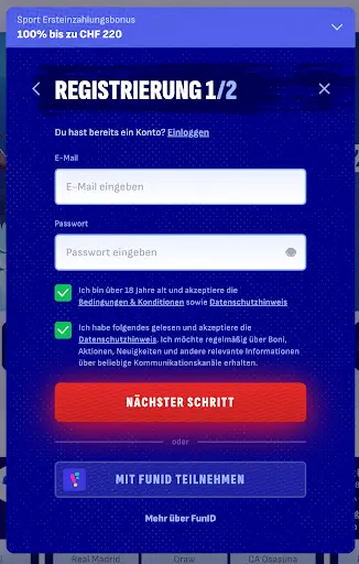 Registrierungsformular Schritt 1 von 2 – Eingabefelder für E-Mail und Passwort, Checkboxen zur Bestätigung von Bedingungen und Datenschutz, Buttons „Nächster Schritt“ und „Mit FunID teilnehmen“.