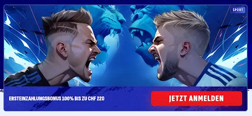 Zwei Fußballspieler schreien sich auf einem Sportbonus-Banner an, im Hintergrund blaue Löwenköpfe, Text „Ersteinzahlungsbonus 100% bis zu CHF 220“.