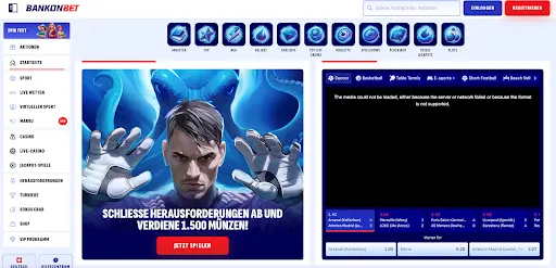 Illustration eines entschlossenen Spielers mit erhobenen Händen vor einem blauen Oktopus-Hintergrund, daneben Sportwettenbereich mit Live-Quoten.