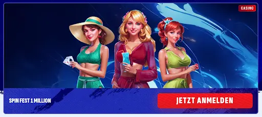 Drei stilisierte Frauenfiguren mit Spielkarten und Getränken beim Casino Spin Fest 1 Million