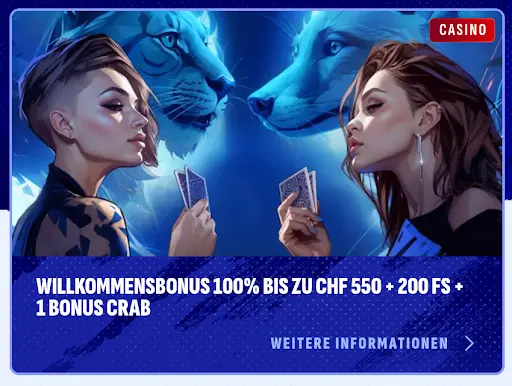 Zwei Frauen mit Spielkarten vor blauen Tigern – Casino Willkommensbonus bis zu CHF 550, 200 Freispiele und 1 Bonus Crab