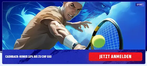 Tennisspieler schlägt den Ball mit Schläger, im Hintergrund ein blauer Adler, Banner mit Text „Cashback-Bonus 10% bis zu CHF 550“.