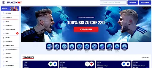Startseite von BankonBet mit Willkommensbonus 100% bis zu CHF 220 und Spielern im Wettkampf