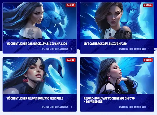 Vier Casino Bonusangebote mit Frauenporträts – Cashback, Reload und Freispiele in blauen Fantasie-Illustrationen