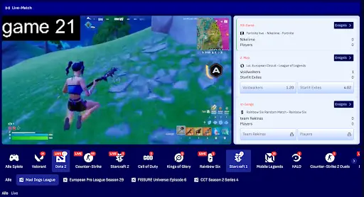 Live-Stream von Fortnite, League of Legends und Rainbow Six Matches mit Esport-Wettquoten