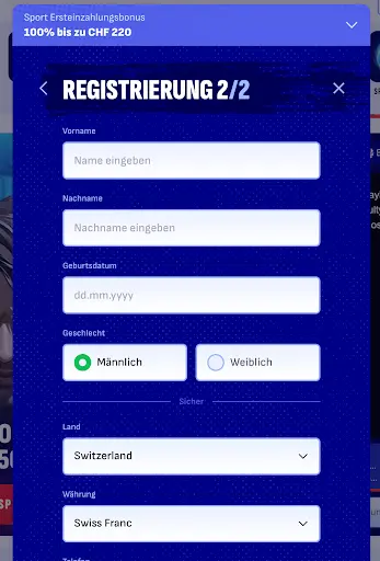Registrierungsformular Schritt 2 von 2 – Felder für Vorname, Nachname, Geburtsdatum, Geschlecht, Land, Währung und Telefonnummer.