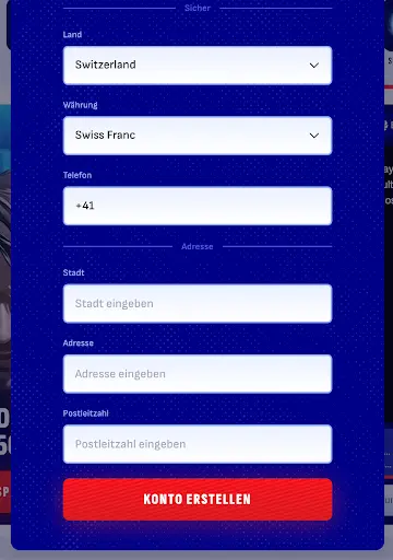 Registrierungsformular BankonBet – Eingabefelder für Land, Währung, Telefonnummer, Stadt, Adresse und Postleitzahl mit Button „Konto erstellen“.